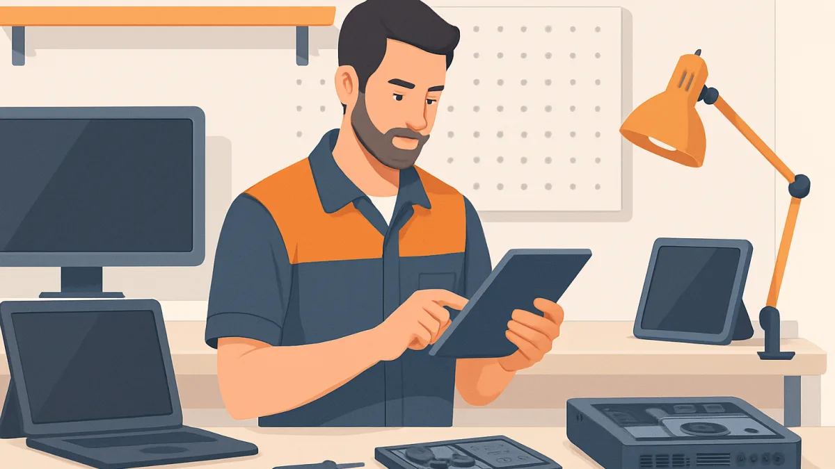 Teknik servis atölyesinde cihaz kontrolü yapan teknisyen