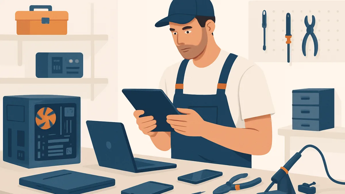 Teknik servis atölyesinde çalışan bir teknisyen, tabletle cihazları inceliyor.