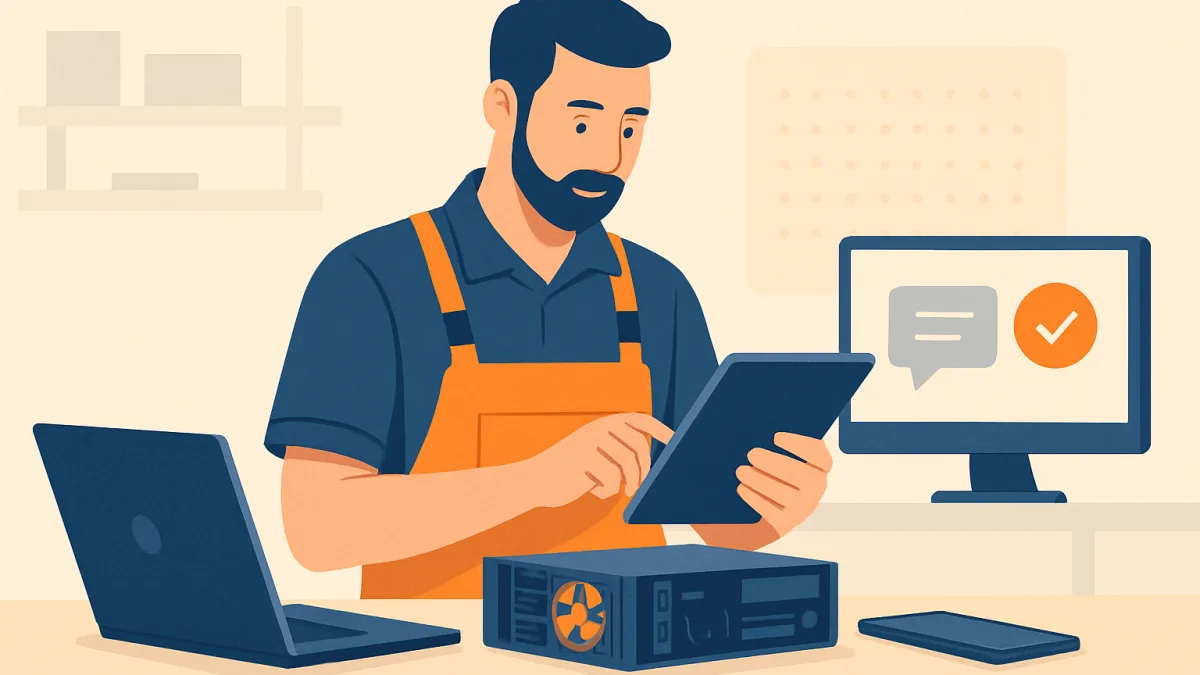 Teknik servis atölyesinde bir teknisyenin tablet kullanarak müşteri taleplerini yönetmesi