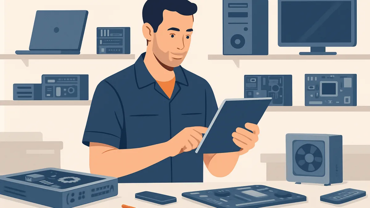 Teknik servis atölyesinde çalışan bir teknisyen, çevresinde çeşitli elektronik cihazlar ve yedek parçalar