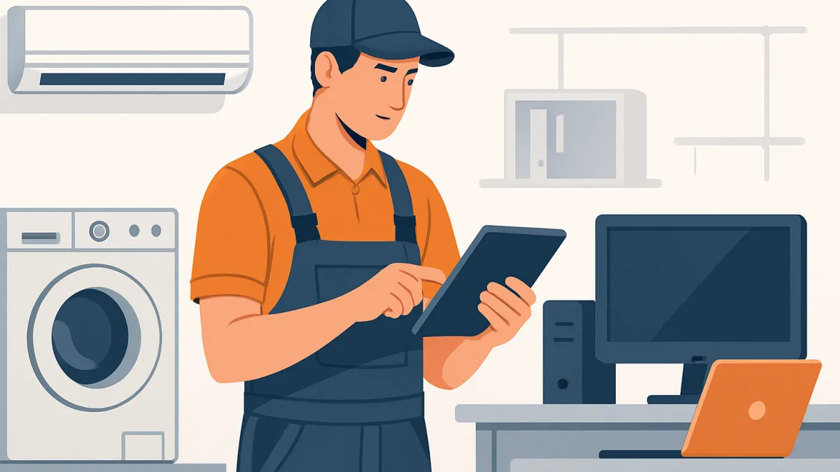 Teknik servis atölyesinde çalışan bir teknisyen, tablet ile cihazları kontrol ediyor.