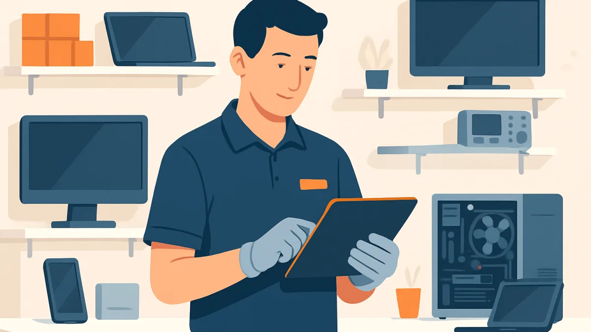 Teknik servis atölyesinde çalışan bir teknisyen, cihazlar ve tablet ile müşteri hizmetleri üzerinde çalışıyor.