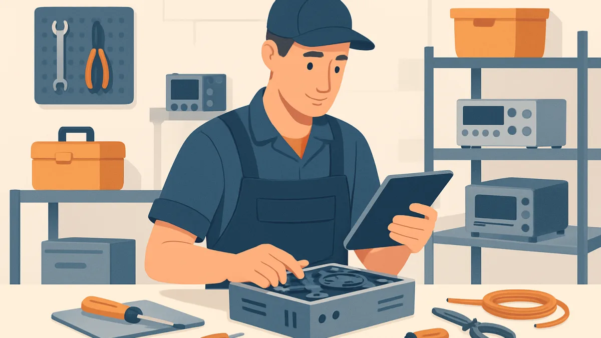 Teknisyenin servis atölyesinde cihaz üzerinde çalışması