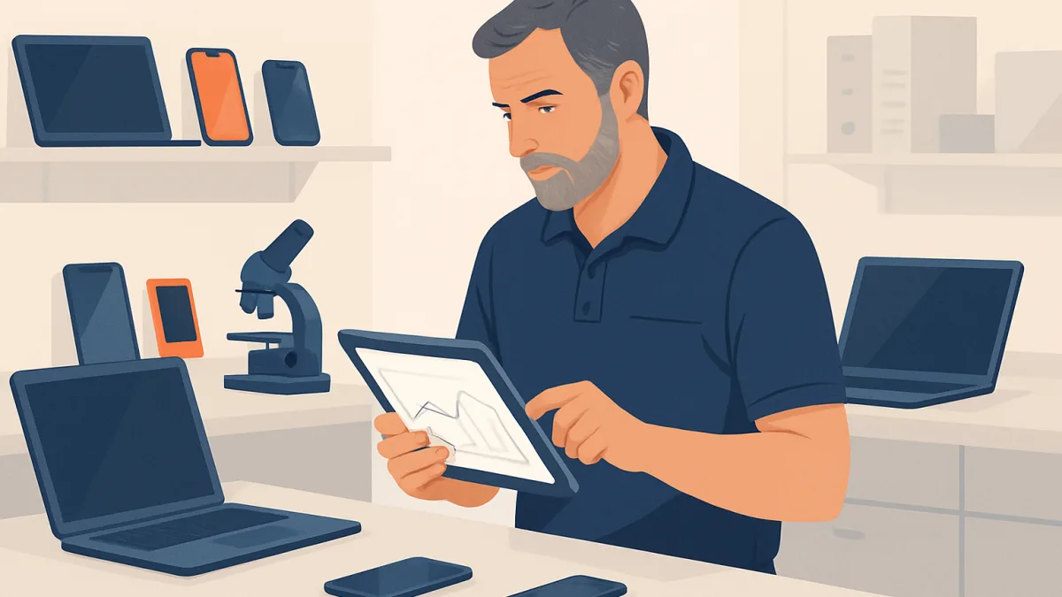 Teknik servis atölyesinde çalışan bir teknisyen, cihazlar ve tablet ile veri analiz ediyor.
