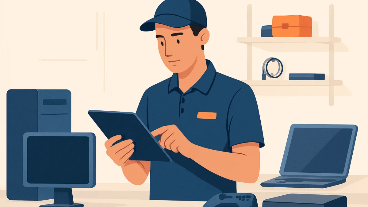 Teknik servis atölyesinde çalışan teknisyen, müşteri bilgilerini takip etmek için tablet kullanıyor.