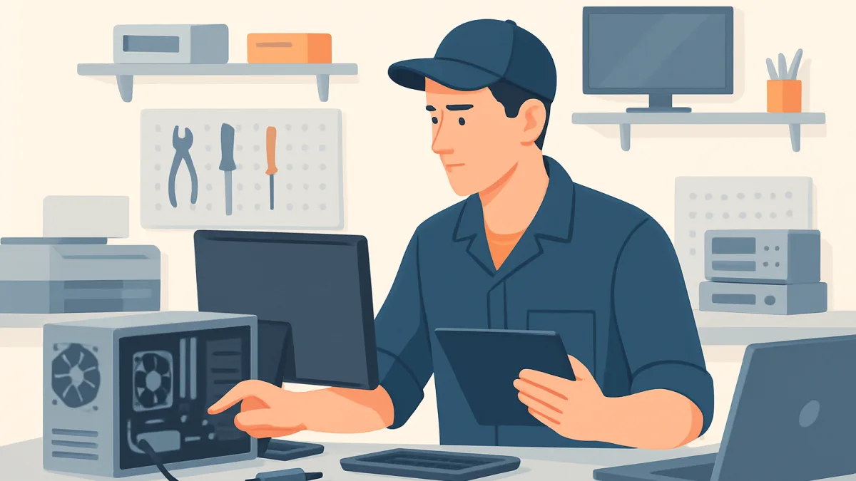 Teknik servis atölyesinde çalışan bir teknisyen, çeşitli elektronik cihazlar ile.