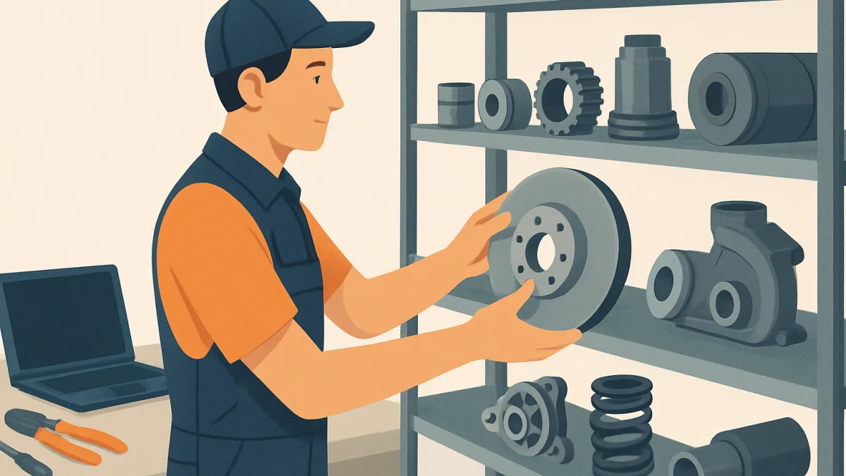 Teknik servis atölyesinde yedek parçaları düzenleyen teknisyen