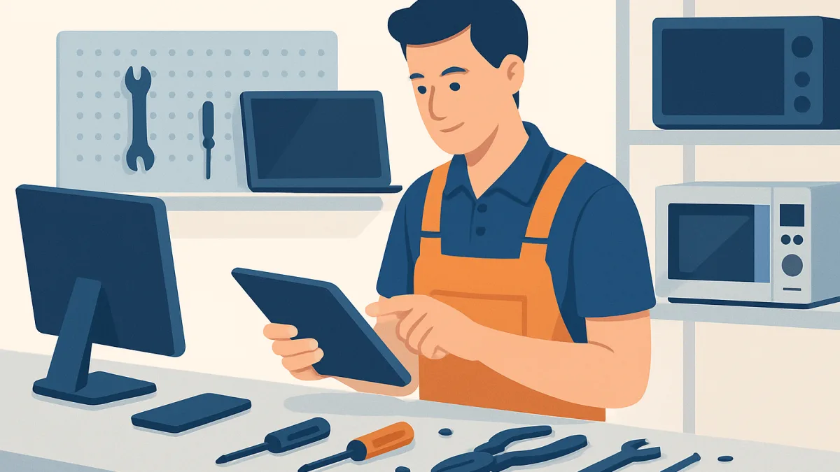 Teknik servis atölyesinde çalışan bir teknisyen, cihazlar ve aletler ile