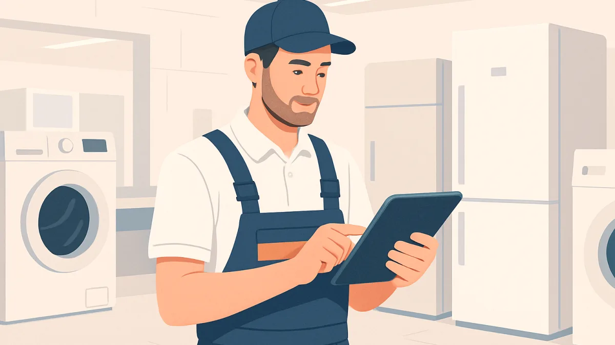 Teknisyenin beyaz eşya servis atölyesinde tabletle müşteri verilerini yönetmesi