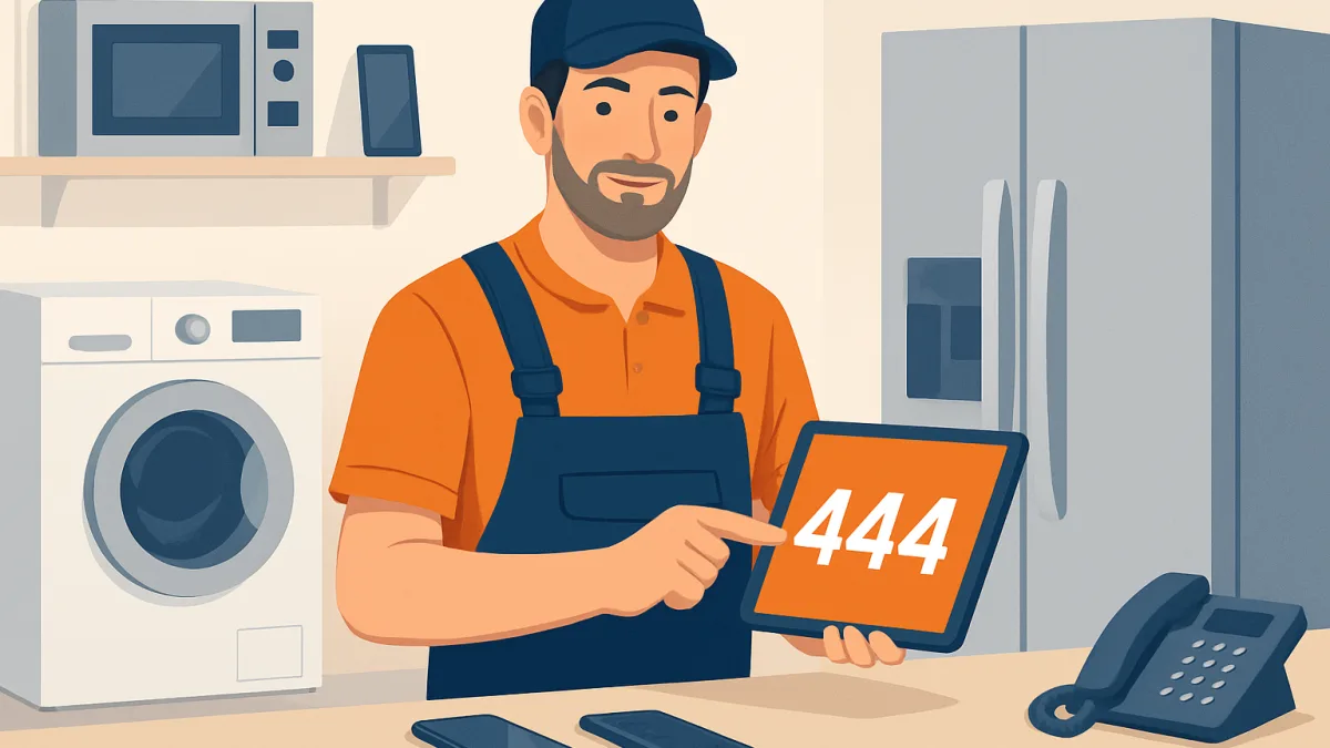 Teknik servis atölyesinde çalışan bir teknisyen, tabletinde 444 numarası gösteriyor.