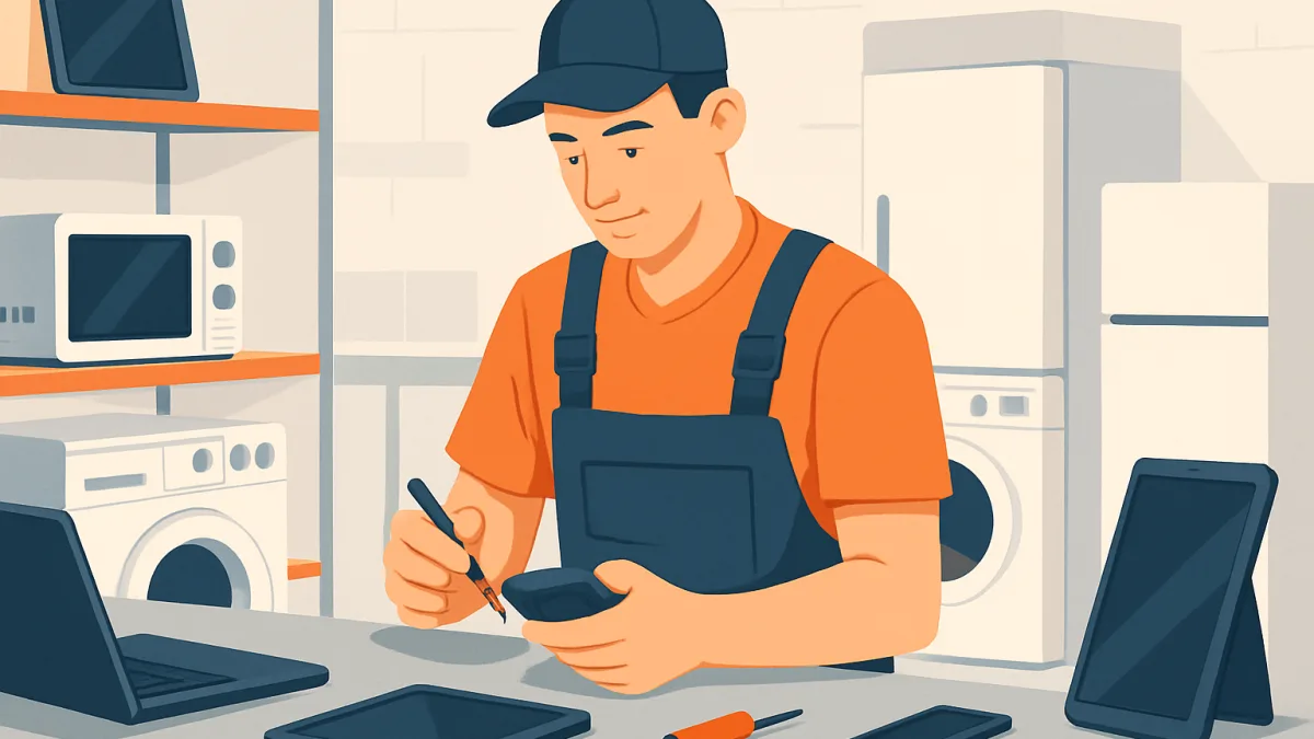 Teknik servis atölyesinde çalışan bir teknisyen, cihazlar ve tabletler ile