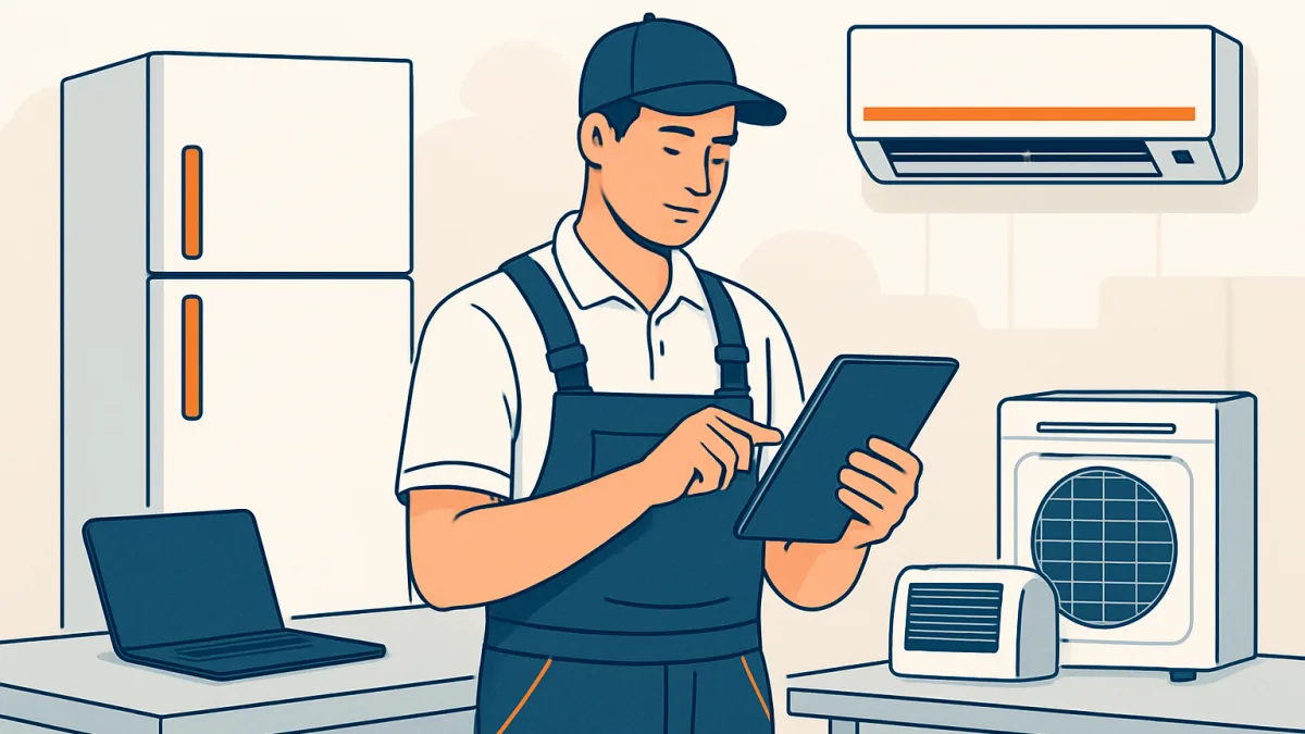 Teknisyen, servis atölyesinde tablet kullanarak çalışıyor.