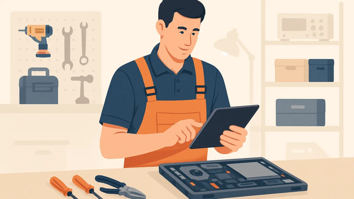 Teknisyen, servis atölyesinde bir cihaz üzerinde çalışıyor, tabletle bilgi kontrol ediyor.