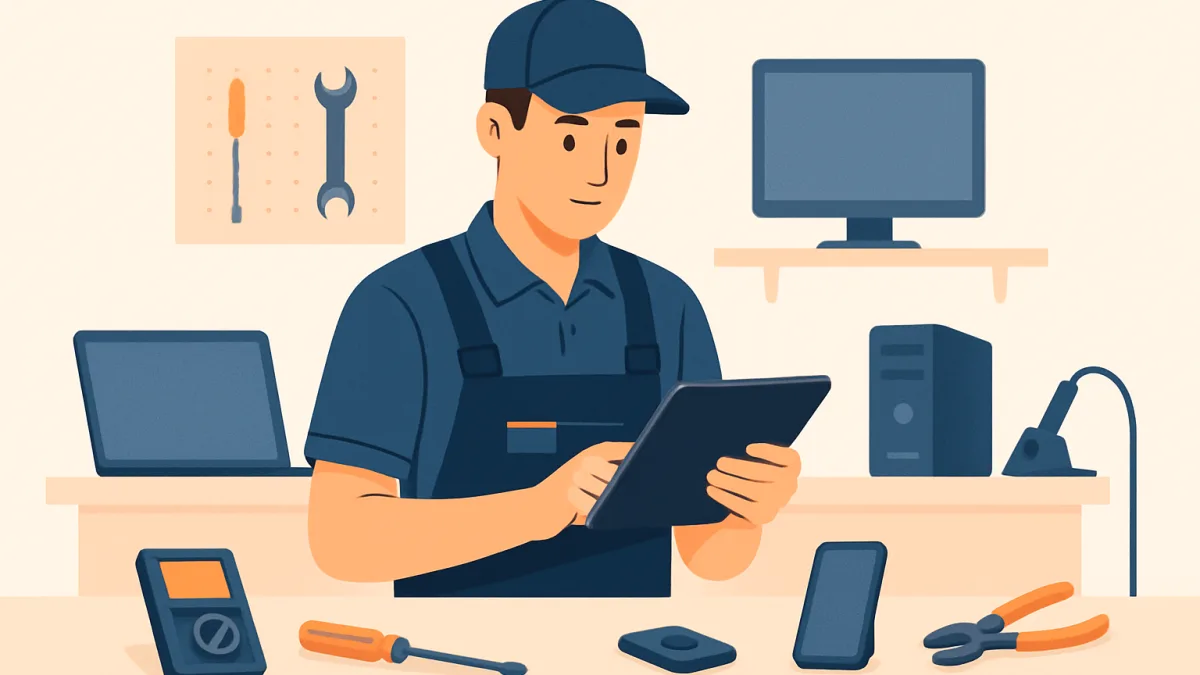 Teknik servis atölyesinde çalışan teknisyen, tablet ile servis taleplerini yönetiyor.